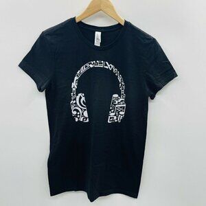 LA Pop Art Womens Size Large Short Sleeve Music Headphones Graphic Tee Black 123